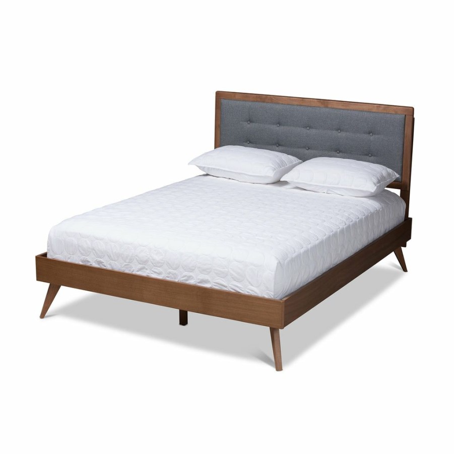 Bed * | Baxton Studio Less Expensive Ines Mid-Century Modern Fabric Upholstered Walnut Brown Wood Queen Size Platform Bed