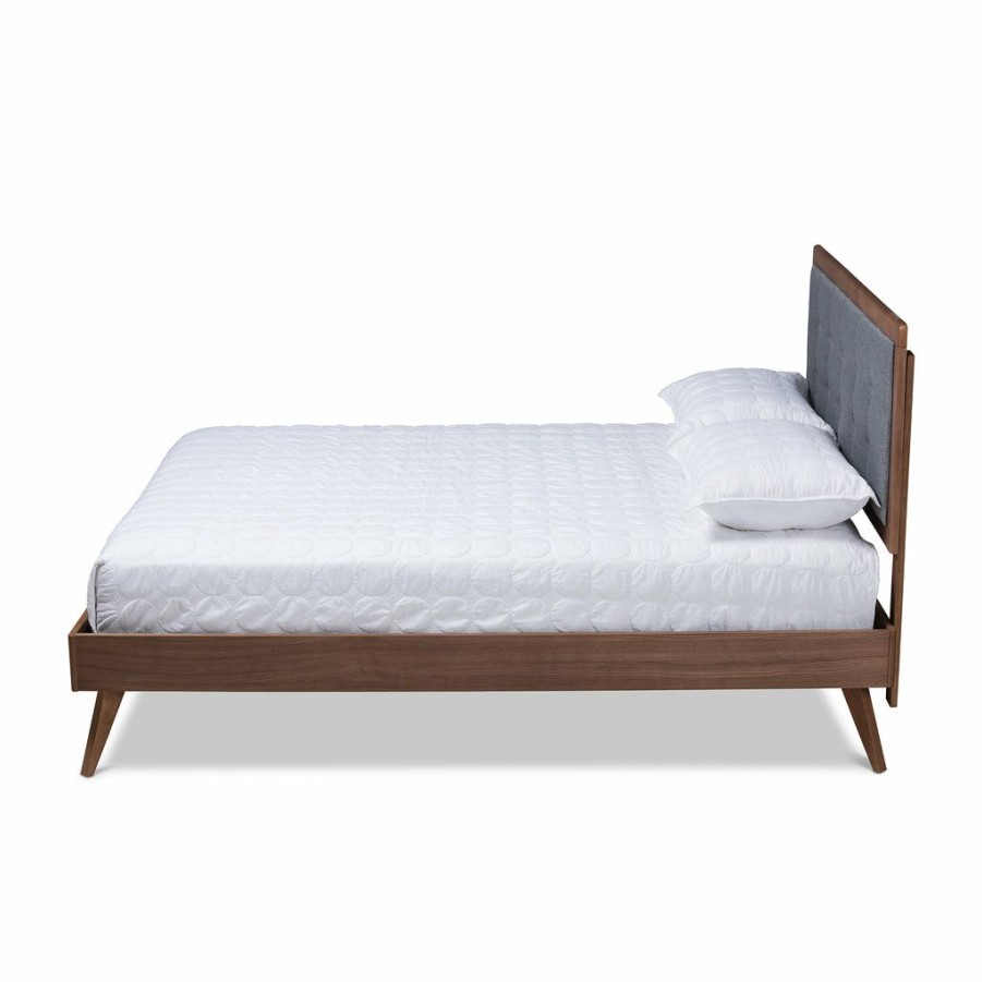 Bed * | Baxton Studio Less Expensive Ines Mid-Century Modern Fabric Upholstered Walnut Brown Wood Queen Size Platform Bed