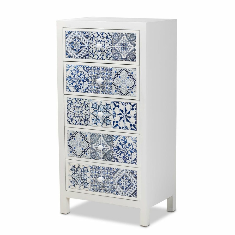 Shoe Cabinet * | Baxton Studio Cheap Alma Spanish Mediterranean Inspired White Wood And Blue Floral Tile Style 5-Drawer Accent Storage Cabinet