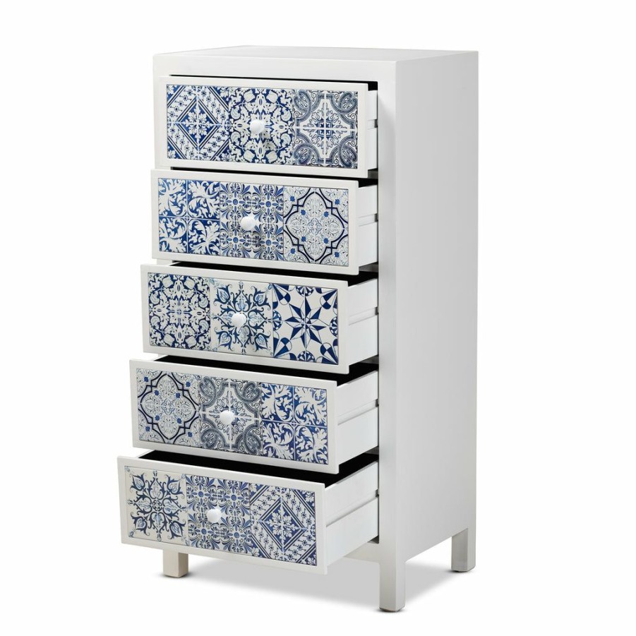 Shoe Cabinet * | Baxton Studio Cheap Alma Spanish Mediterranean Inspired White Wood And Blue Floral Tile Style 5-Drawer Accent Storage Cabinet