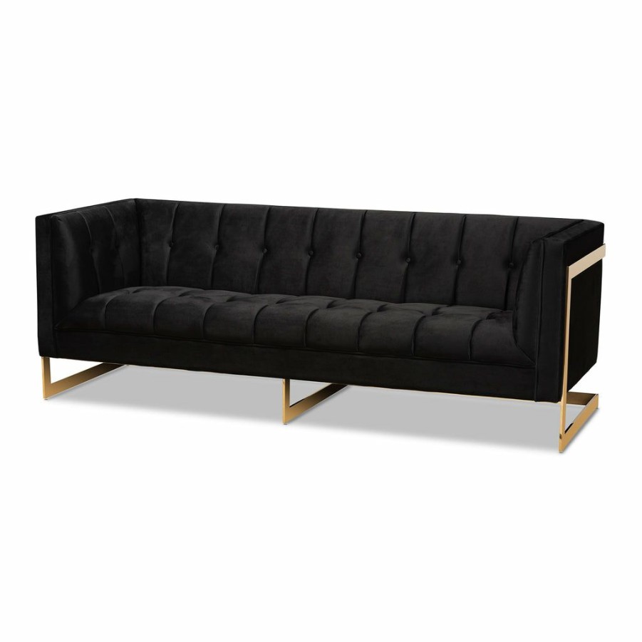 Sofa * | Baxton Studio Attractive Ambra Glam And Luxe Black Velvet Upholstered And Button Tufted Sofa With Gold-Tone Frame