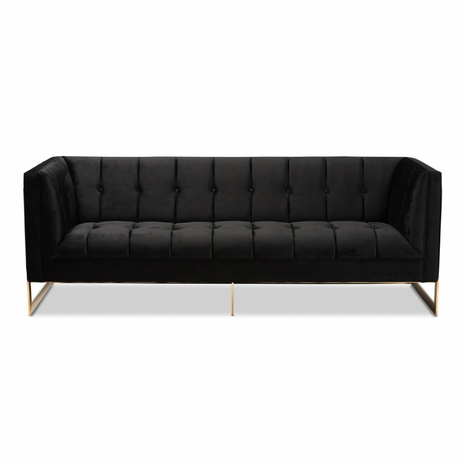 Sofa * | Baxton Studio Attractive Ambra Glam And Luxe Black Velvet Upholstered And Button Tufted Sofa With Gold-Tone Frame