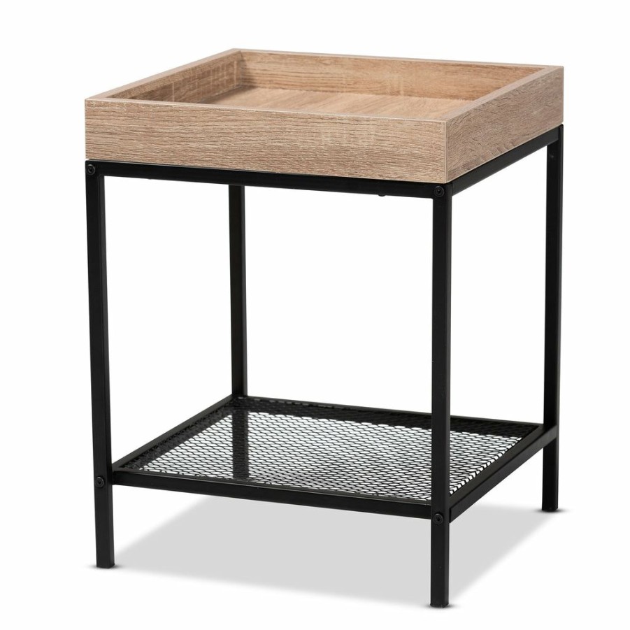 Drawer Table * | Baxton Studio Low Price Overton Modern Industrial Oak Brown Finished Wood And Black Metal End Table