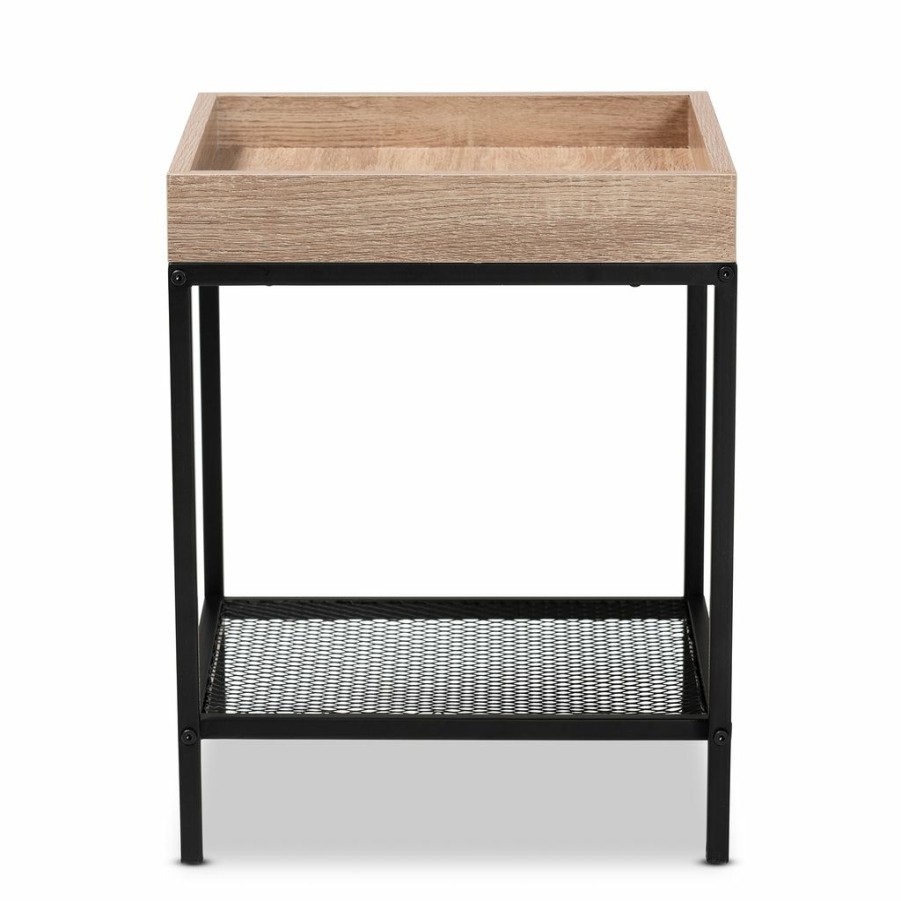 Drawer Table * | Baxton Studio Low Price Overton Modern Industrial Oak Brown Finished Wood And Black Metal End Table