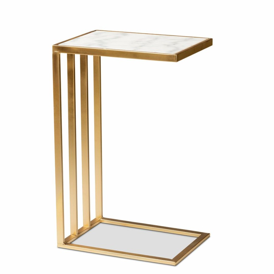 Drawer Table * | Baxton Studio Online Discount Parkin Modern And Contemporary Gold Finished Metal C Shaped End Table With Marble Tabletop