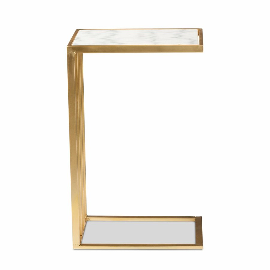 Drawer Table * | Baxton Studio Online Discount Parkin Modern And Contemporary Gold Finished Metal C Shaped End Table With Marble Tabletop