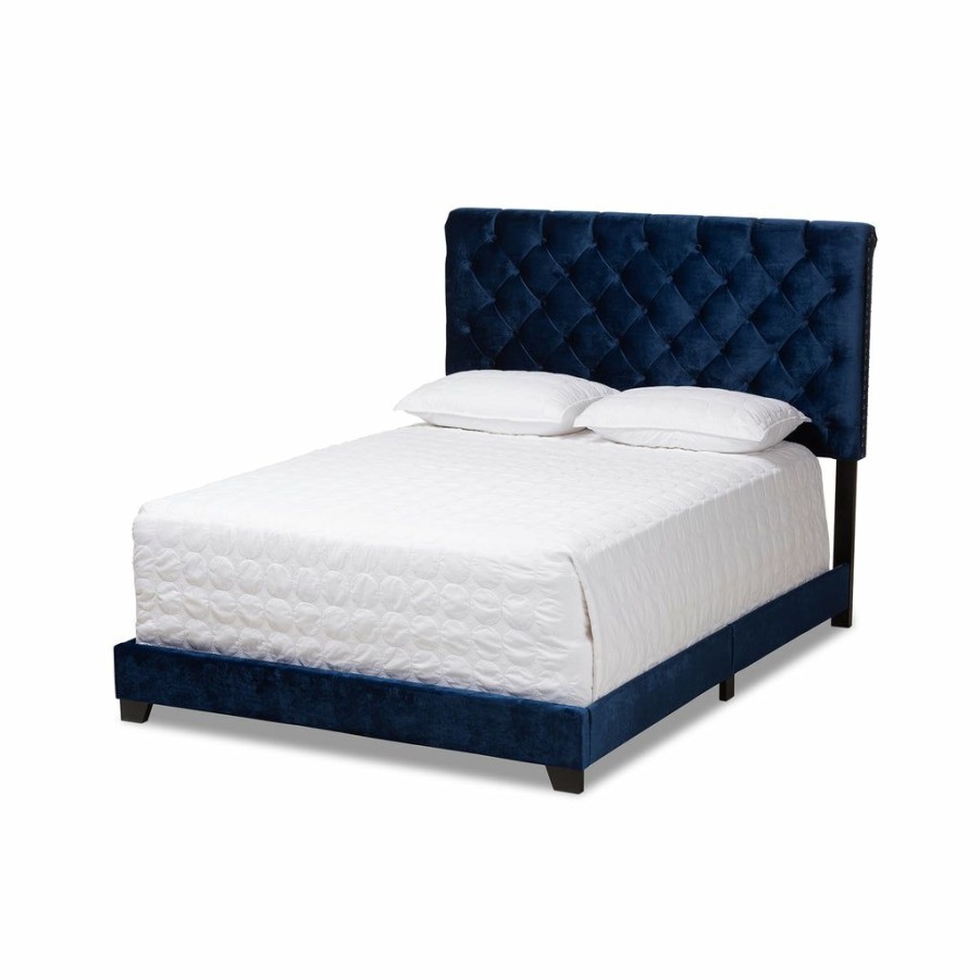 Bed * | Baxton Studio Online Discount Candace Luxe And Glamour Navy Velvet Upholstered Full Size Bed