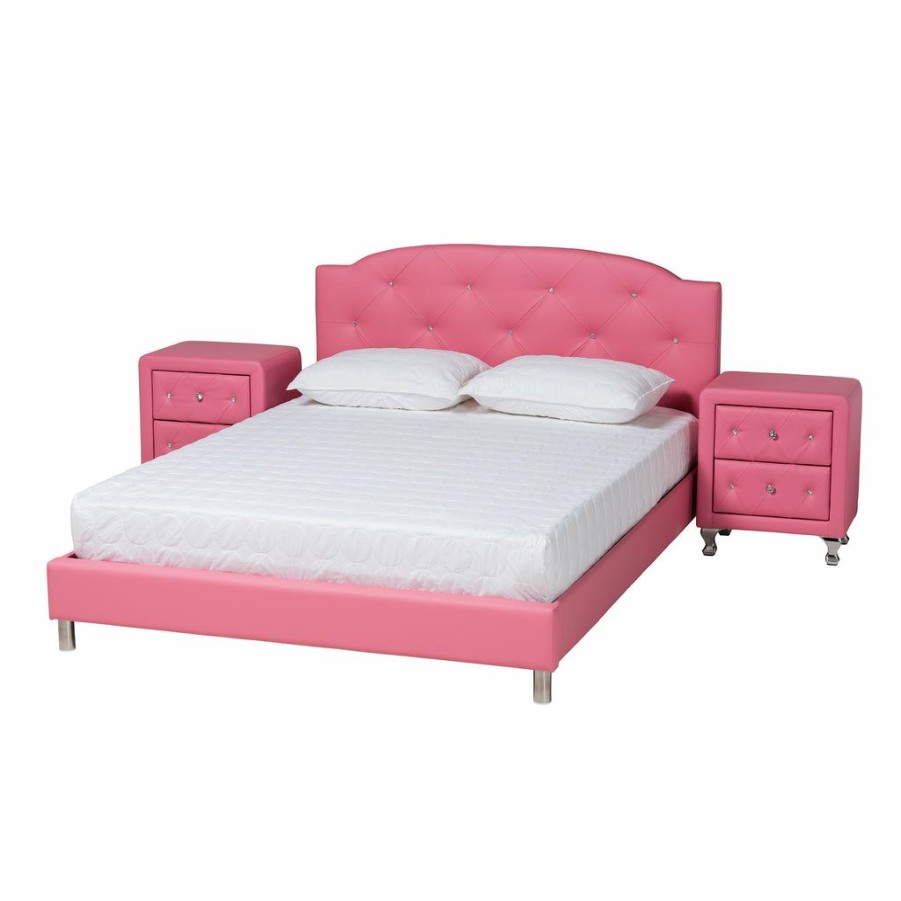 Bed * | Baxton Studio Low Price Canterbury Contemporary Glam Pink Faux Leather Upholstered 3-Piece Bedroom Set