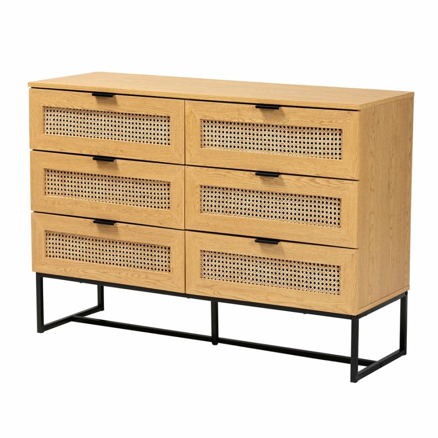 Shoe Cabinet * | Baxton Studio Best Price Sawyer Mid-Century Modern Industrial Oak Brown Finished Wood And Black Metal Storage Cabinet With Natural Rattan