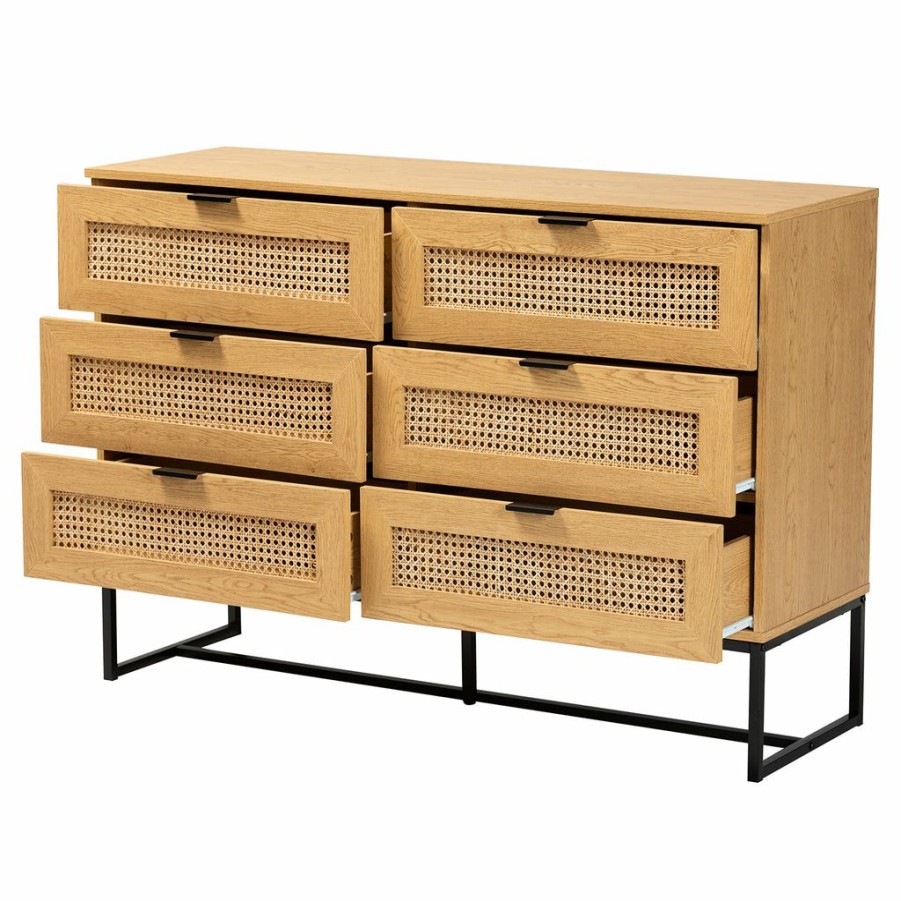 Shoe Cabinet * | Baxton Studio Best Price Sawyer Mid-Century Modern Industrial Oak Brown Finished Wood And Black Metal Storage Cabinet With Natural Rattan