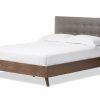 Bed * | Baxton Studio Reliable Quality Alinia Mid-Century Retro Modern Upholstered Walnut Wood Queen Size Platform Bed