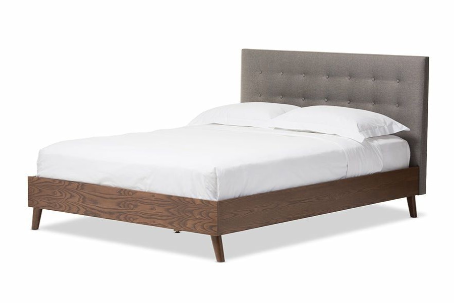 Bed * | Baxton Studio Reliable Quality Alinia Mid-Century Retro Modern Upholstered Walnut Wood Queen Size Platform Bed