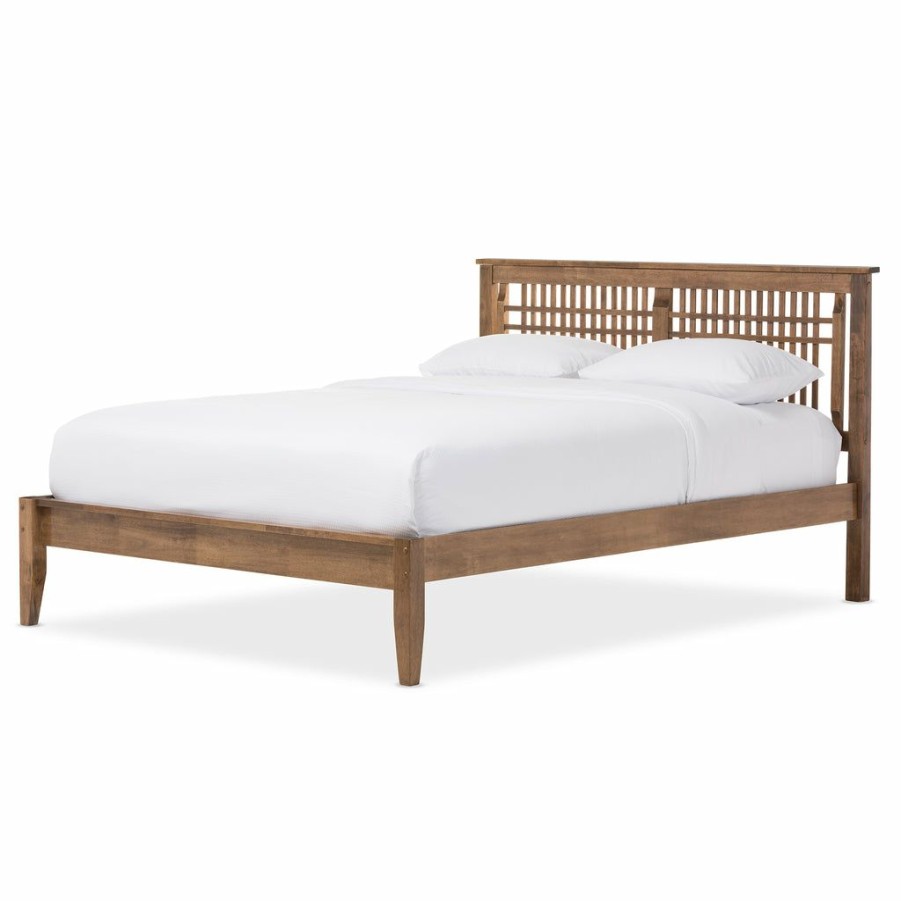 Bed * | Baxton Studio Best Price Loafey Mid-Century Modern Solid Walnut Wood Window-Pane Style Queen Size Platform Bed