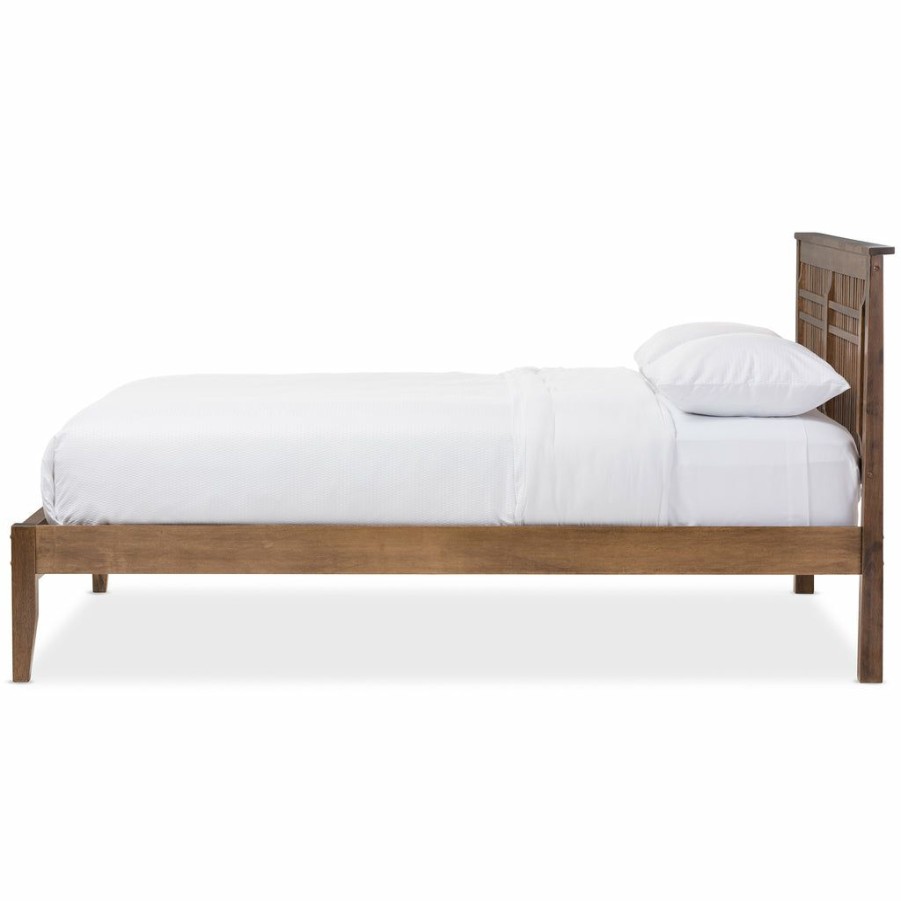 Bed * | Baxton Studio Best Price Loafey Mid-Century Modern Solid Walnut Wood Window-Pane Style Queen Size Platform Bed