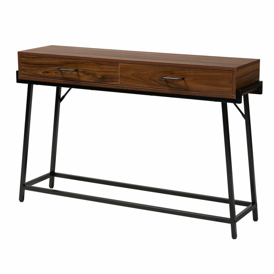 Drawer Table * | Baxton Studio 100% Guarantee Eivor Modern Industrial Walnut Brown Finished Wood And Black Metal 2-Drawer Console Table