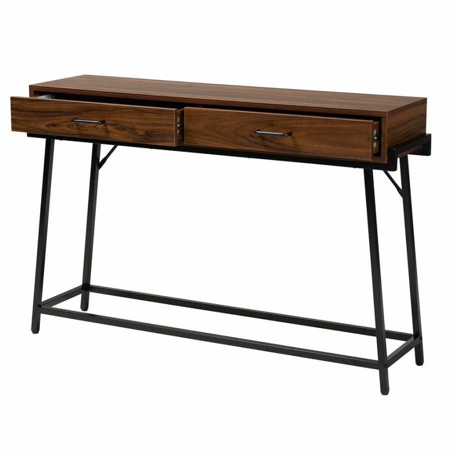 Drawer Table * | Baxton Studio 100% Guarantee Eivor Modern Industrial Walnut Brown Finished Wood And Black Metal 2-Drawer Console Table