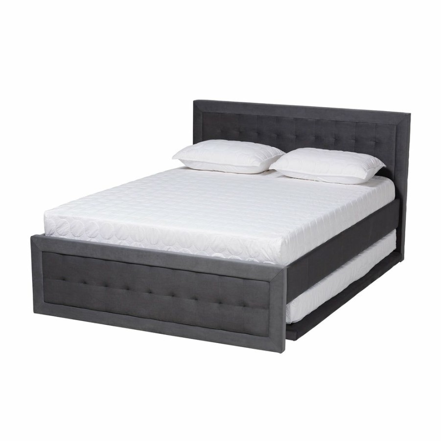 Bed * | Baxton Studio Discount Tegan Modern And Contemporary Grey Velvet Fabric Upholstered Queen Size Platform Bed With Trundle