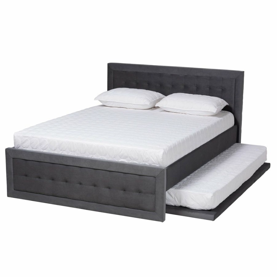 Bed * | Baxton Studio Discount Tegan Modern And Contemporary Grey Velvet Fabric Upholstered Queen Size Platform Bed With Trundle