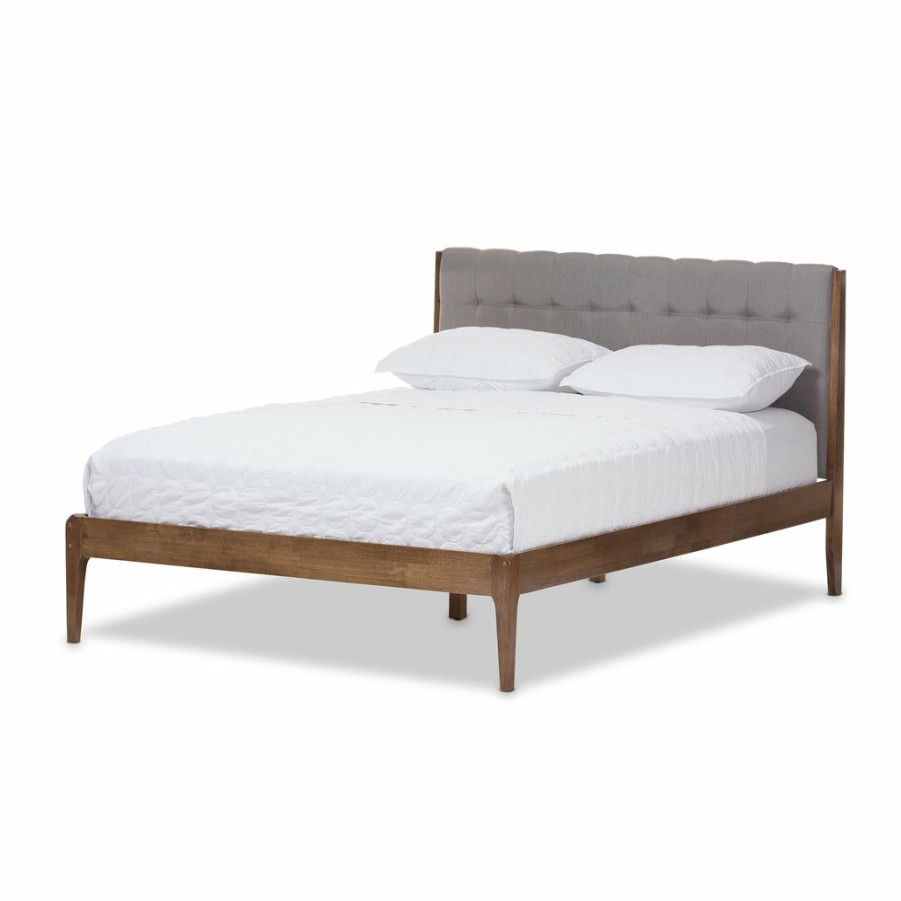 Bed * | Baxton Studio Typical Style Clifford Mid-Century Light Grey Fabric And Medium Brown Finish Wood Full Size Platform Bed