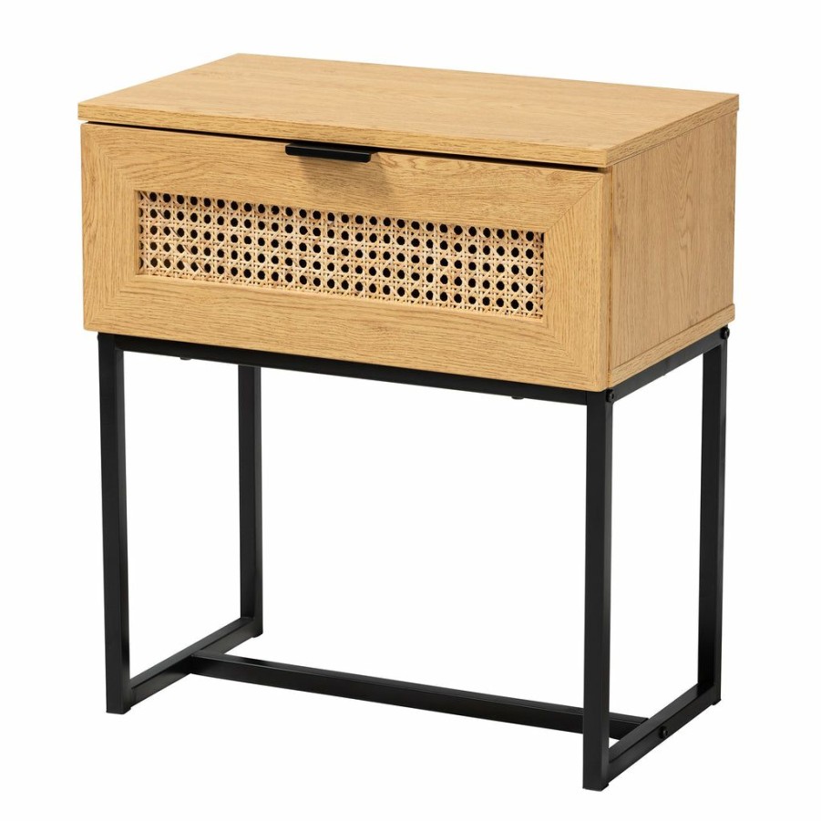 Drawer Table * | Baxton Studio Fashion Sawyer Mid-Century Modern Industrial Oak Brown Finished Wood And Black Metal 1-Drawer End Table With Natural Rattan