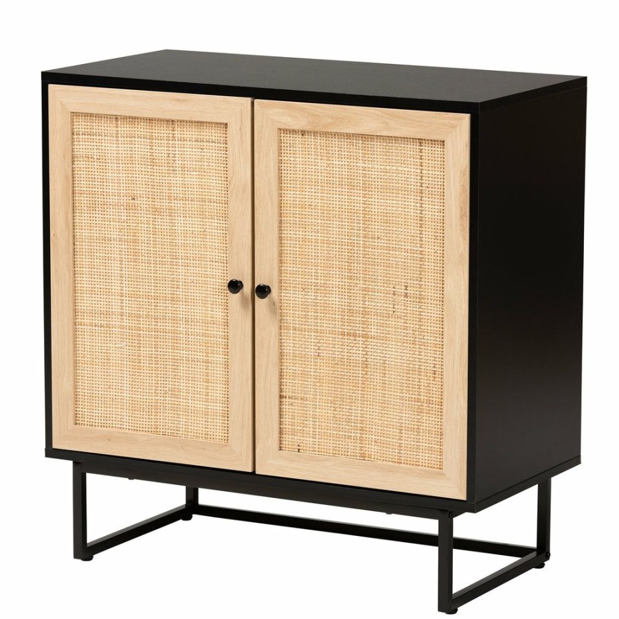 Shoe Cabinet * | Baxton Studio Less Expensive Declan Mid-Century Modern Espresso Brown Finished Wood And Natural Rattan 2-Door Storage Cabinet