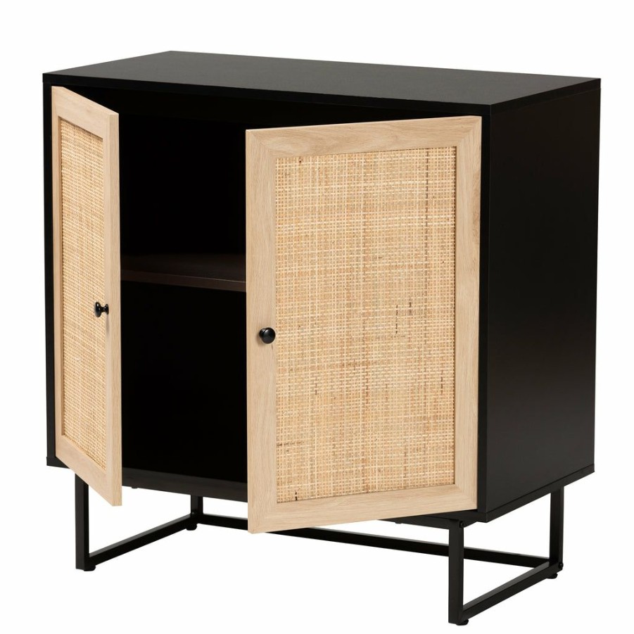 Shoe Cabinet * | Baxton Studio Less Expensive Declan Mid-Century Modern Espresso Brown Finished Wood And Natural Rattan 2-Door Storage Cabinet