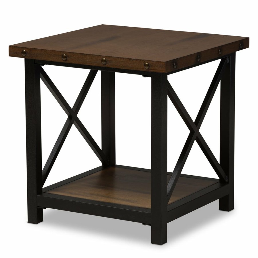 Drawer Table * | Baxton Studio Crazy Deals Herzen Rustic Industrial Style Antique Black Textured Finished Metal Distressed Wood Occasional End Table