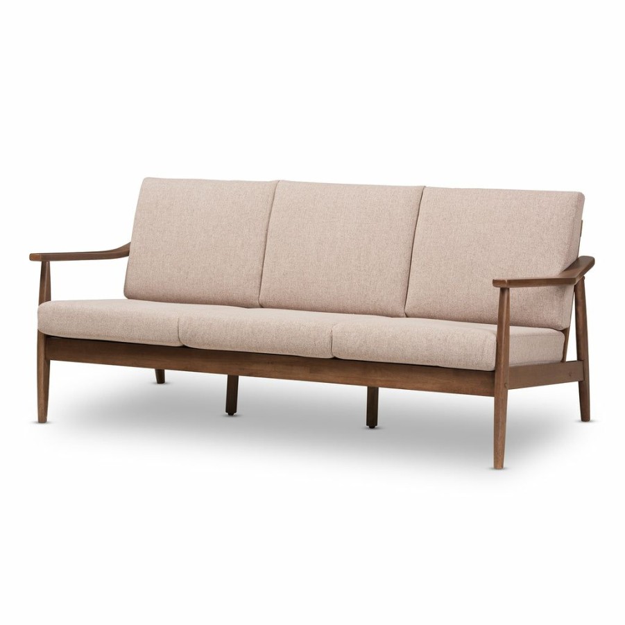 Sofa * | Baxton Studio Attractive Venza Mid-Century Modern Walnut Wood Light Brown Fabric Upholstered 3-Seater Sofa