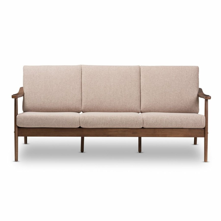 Sofa * | Baxton Studio Attractive Venza Mid-Century Modern Walnut Wood Light Brown Fabric Upholstered 3-Seater Sofa