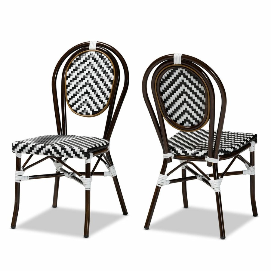 Dining Chair * | Baxton Studio Typical Style Alaire Classic French Black And White Weaving And Dark Brown Metal 2-Piece Outdoor Dining Chair Set