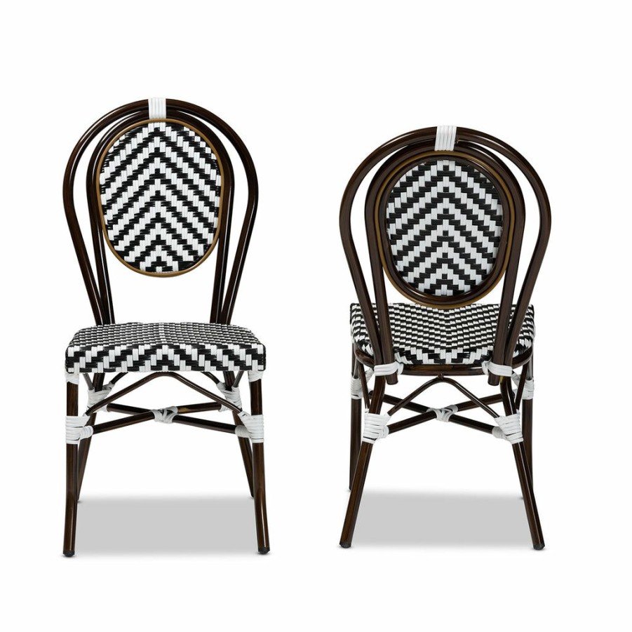 Dining Chair * | Baxton Studio Typical Style Alaire Classic French Black And White Weaving And Dark Brown Metal 2-Piece Outdoor Dining Chair Set