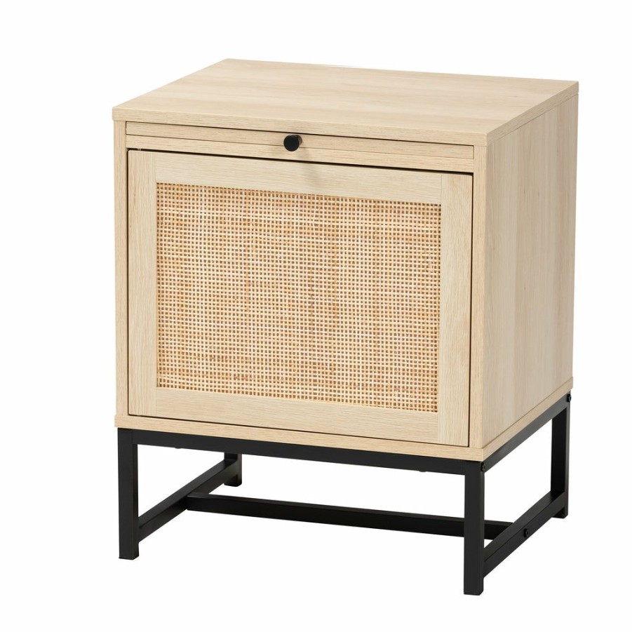 Nightstand * | Baxton Studio Typical Style Caterina Mid-Century Modern Transitional Natural Brown Finished Wood And Natural Rattan 1-Door Nightstand With Pull-Out Shelf