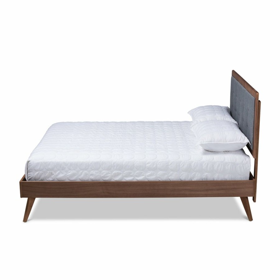 Bed * | Baxton Studio Reliable Quality Ines Mid-Century Modern Fabric Upholstered Walnut Brown Wood Full Size Platform Bed