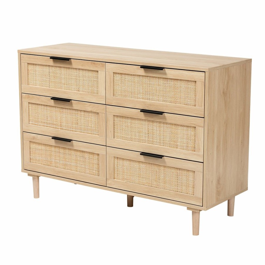 Shoe Cabinet * | Baxton Studio Typical Style Harrison Mid-Century Modern Natural Brown Finished Wood And Natural Rattan 6-Drawer Storage Cabinet