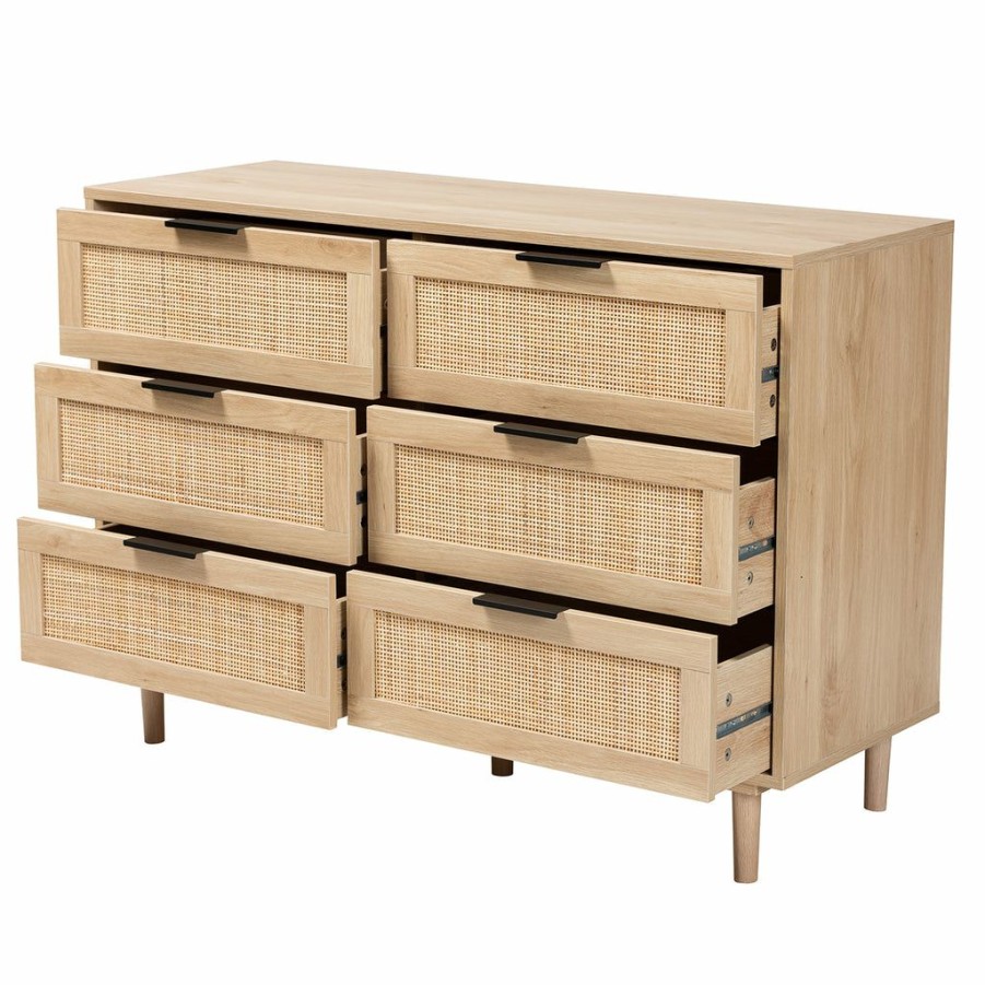 Shoe Cabinet * | Baxton Studio Typical Style Harrison Mid-Century Modern Natural Brown Finished Wood And Natural Rattan 6-Drawer Storage Cabinet