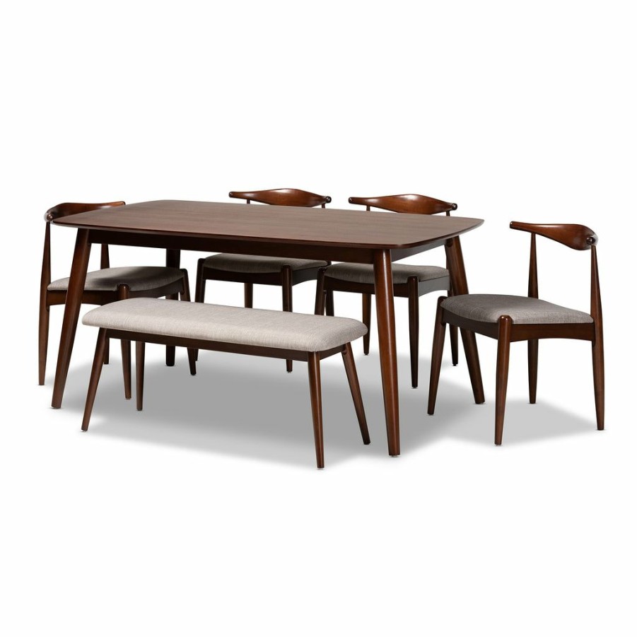 Dining Set * | Baxton Studio Low Price Aeron Mid-Century Modern Light Gray Fabric Upholstered Walnut Finished Wood 6-Piece Dining Set