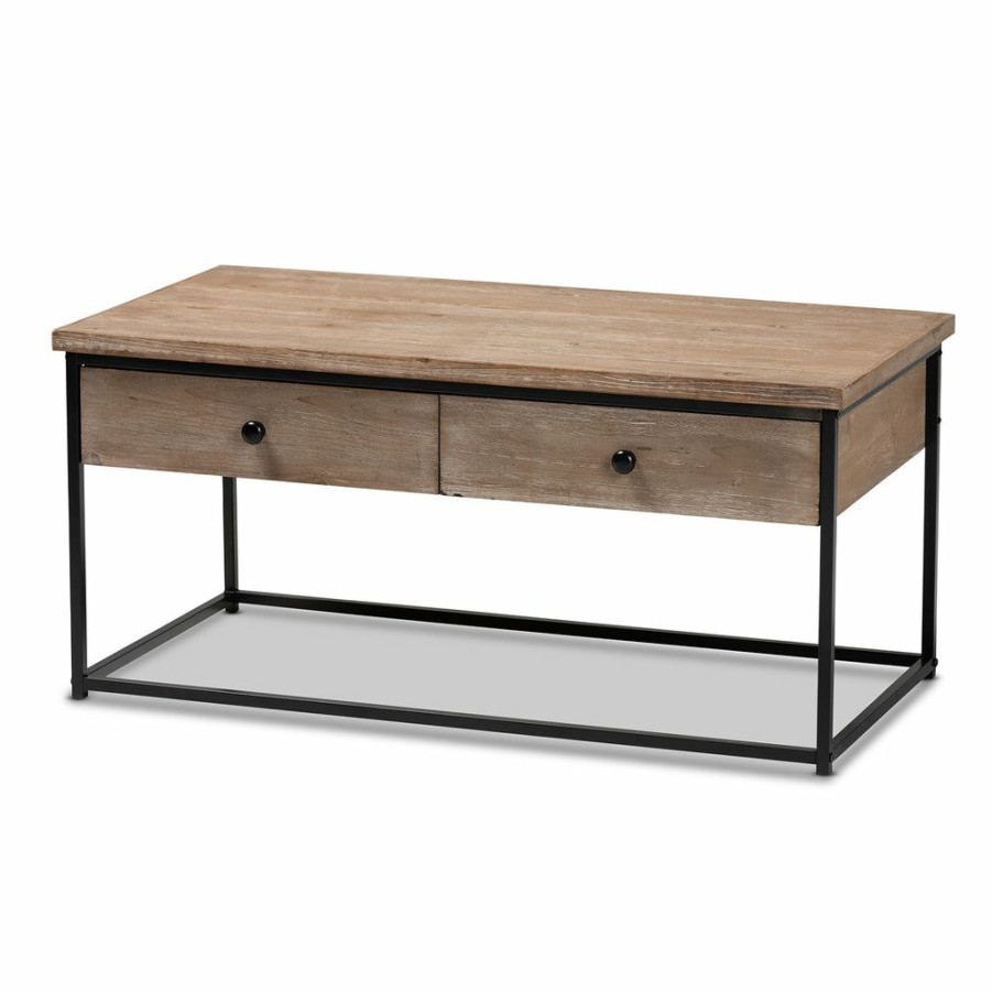 Drawer Table * | Baxton Studio Discount Roderick Modern And Contemporary Weathered Oak Finished Wood And Black Metal 2-Drawer Coffee Table