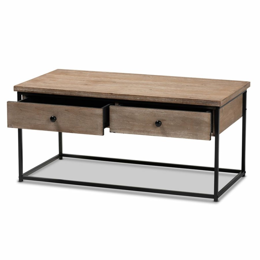 Drawer Table * | Baxton Studio Discount Roderick Modern And Contemporary Weathered Oak Finished Wood And Black Metal 2-Drawer Coffee Table