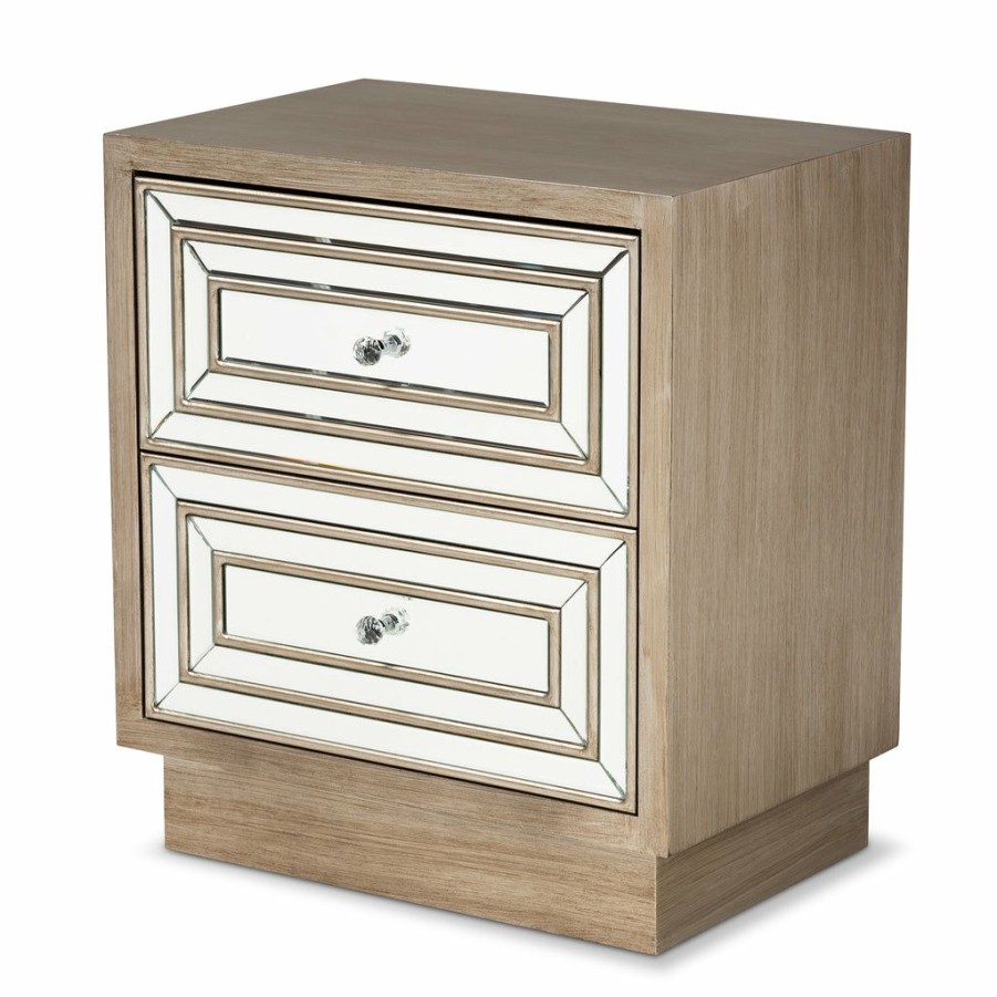 Nightstand * | Baxton Studio Bestsellers Ellis Transitional Glam And Luxe Natural Brown Finished Wood 2-Drawer Nightstand With Mirrored Glass