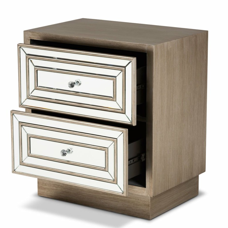 Nightstand * | Baxton Studio Bestsellers Ellis Transitional Glam And Luxe Natural Brown Finished Wood 2-Drawer Nightstand With Mirrored Glass