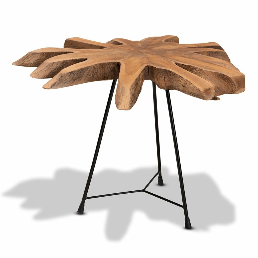 Drawer Table * | Baxton Studio Online Discount Merci Rustic Industrial Natural Brown And Black End Table With Teak Tree Trunk Tabletop