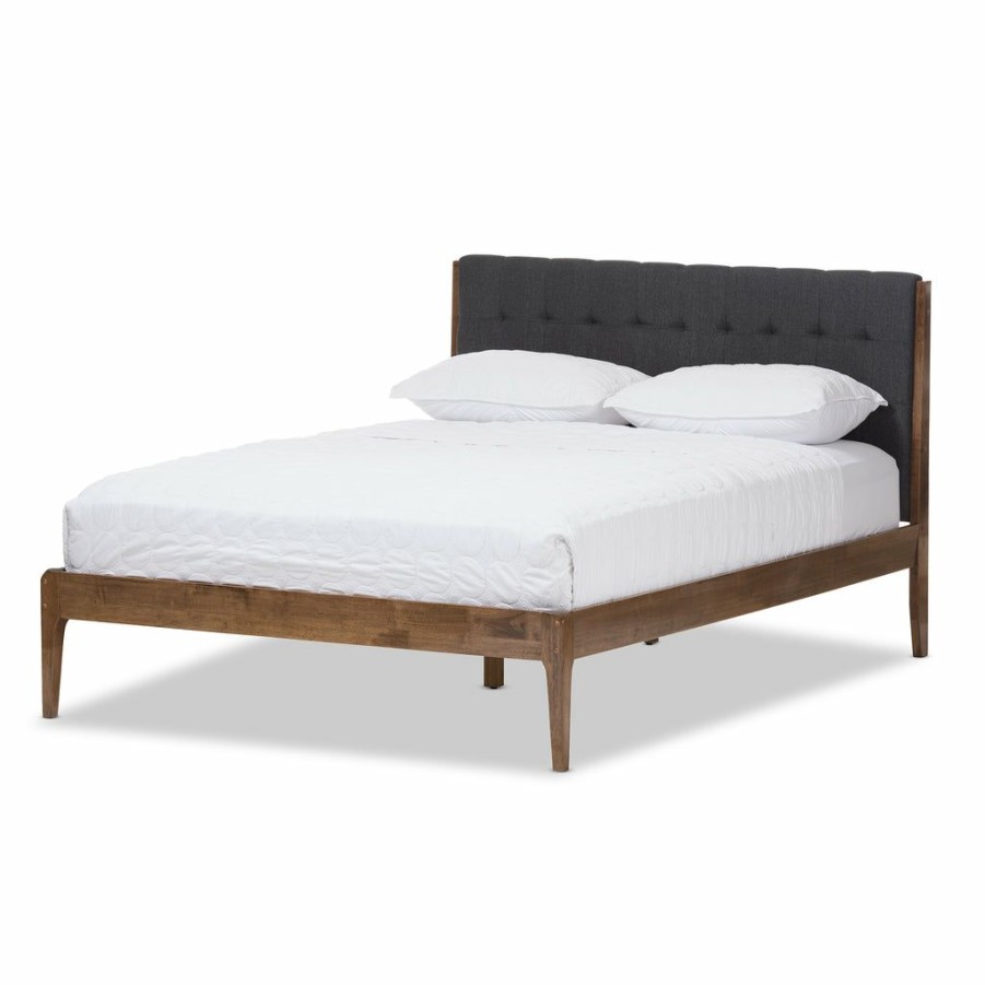 Bed * | Baxton Studio Low Price Clifford Mid-Century Dark Grey Fabric And Medium Brown Finish Wood Queen Size Platform Bed