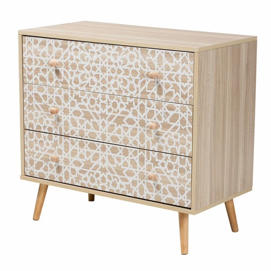 Shoe Cabinet * | Baxton Studio Cheaper Beau Mid-Century Modern Transitional Two-Tone White And Oak Brown Finished Wood 3-Drawer Storage Cabinet