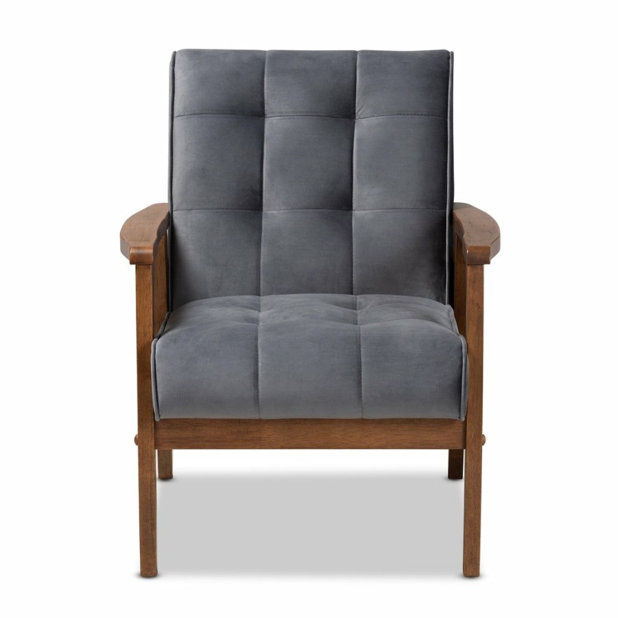 Chair * | Baxton Studio Cheaper Asta Mid-Century Modern Velvet Fabric Upholstered Walnut Finished Wood Armchair