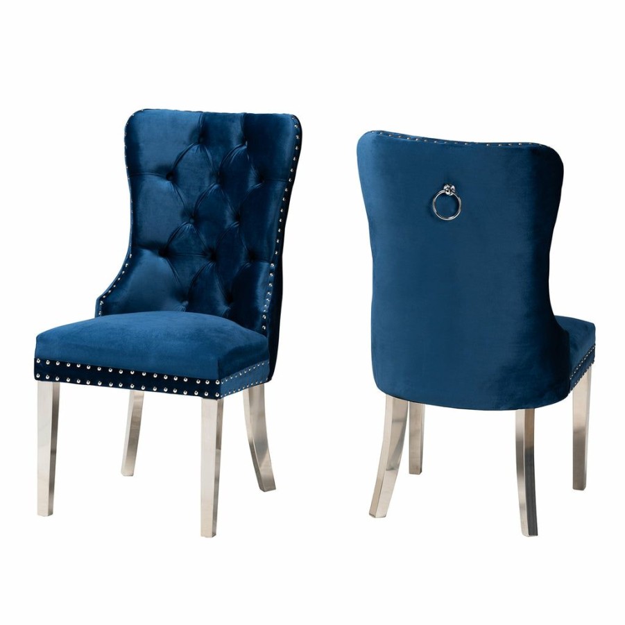 Dining Chair * | Baxton Studio Best Price Honora Contemporary Glam And Luxe Navy Blue Velvet Fabric And Silver Metal 2-Piece Dining Chair Set