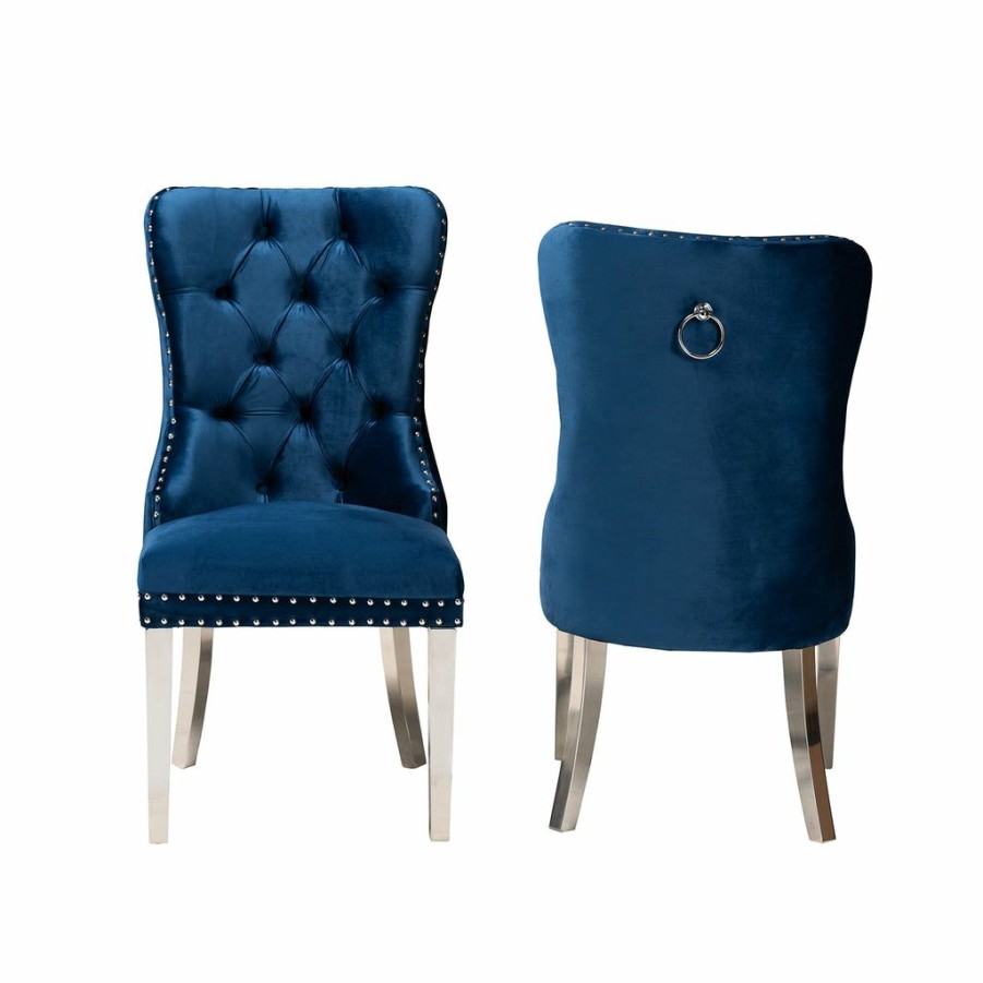 Dining Chair * | Baxton Studio Best Price Honora Contemporary Glam And Luxe Navy Blue Velvet Fabric And Silver Metal 2-Piece Dining Chair Set