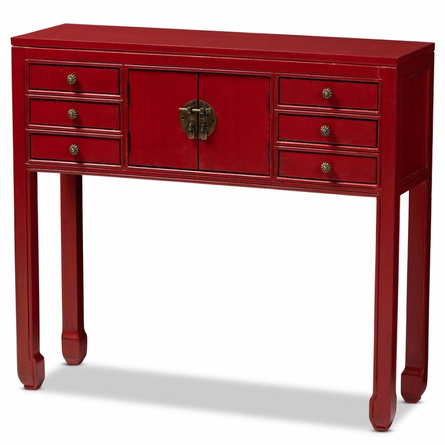 Drawer Table * | Baxton Studio Discount Melodie Classic And Antique Red Finished Wood Bronze Finished Accents 6-Drawer Console Table