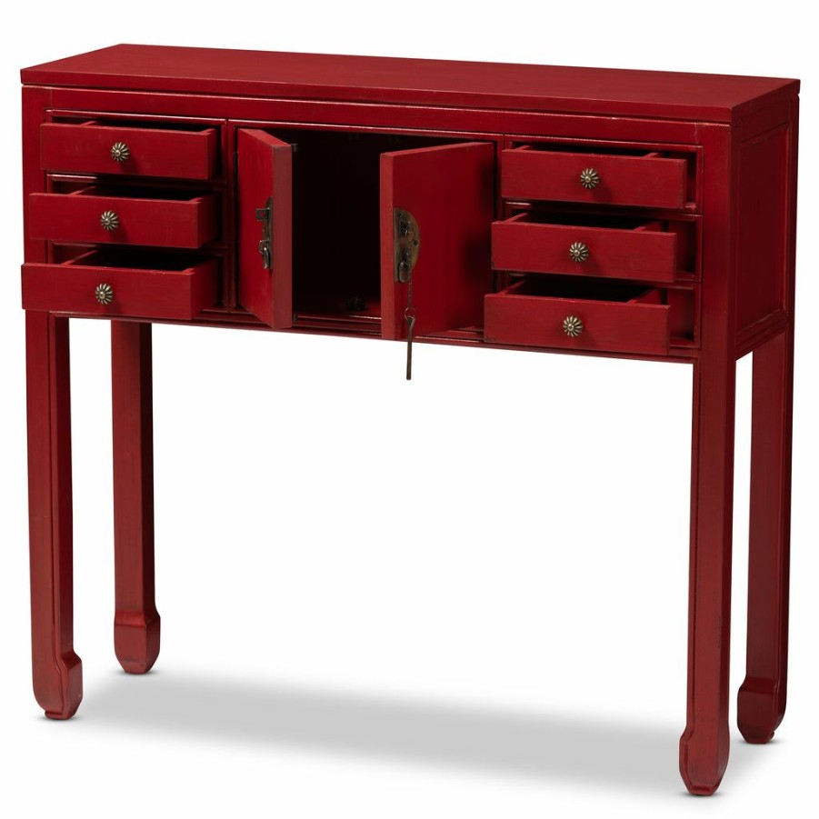 Drawer Table * | Baxton Studio Discount Melodie Classic And Antique Red Finished Wood Bronze Finished Accents 6-Drawer Console Table