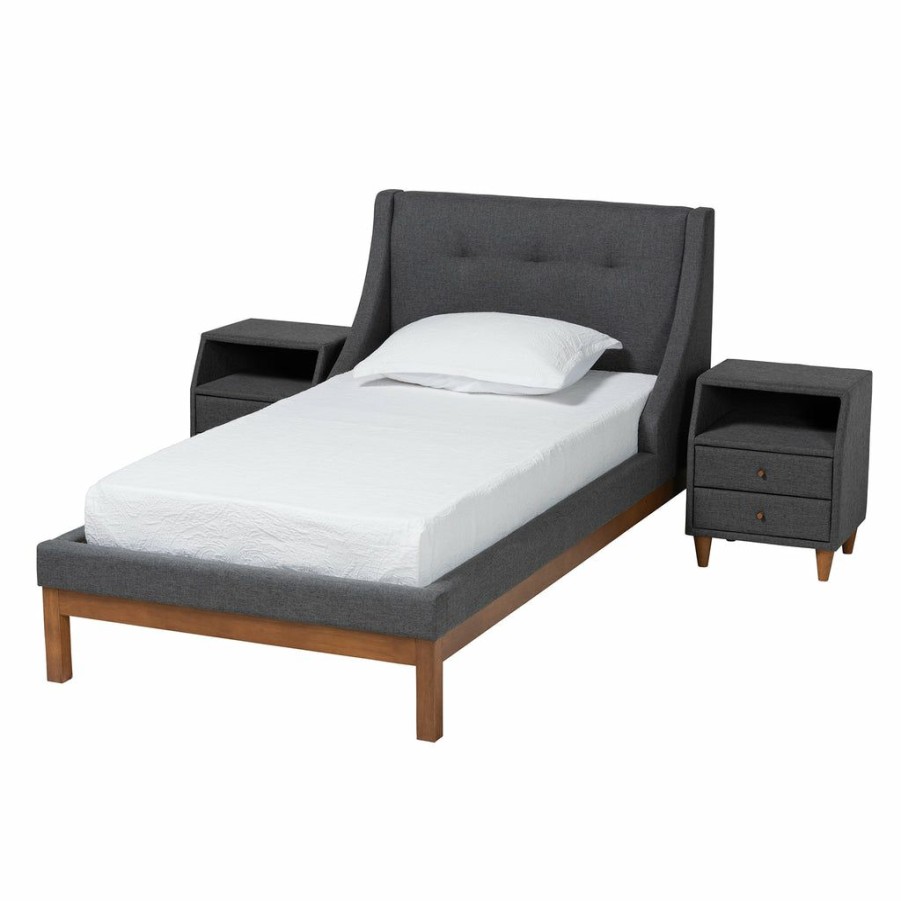 Bed * | Baxton Studio Low Price Louvain Mid-Century Modern Transitional Dark Grey Fabric Upholstered Twin Size 3-Piece Bedroom Set