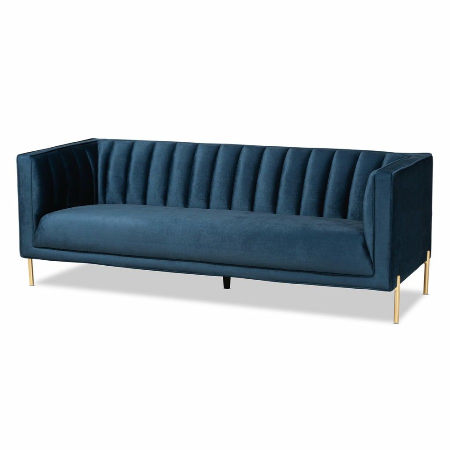 Sofa * | Baxton Studio Reliable Quality Maia Contemporary Glam And Luxe Navy Blue Velvet Fabric Upholstered And Gold Finished Metal Sofa